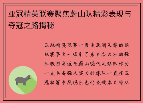 亚冠精英联赛聚焦蔚山队精彩表现与夺冠之路揭秘